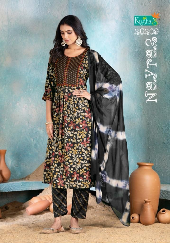 Nayra 2 By Kushals Rayon Printed Naira Cut Kurti With Bottom Dupatta
